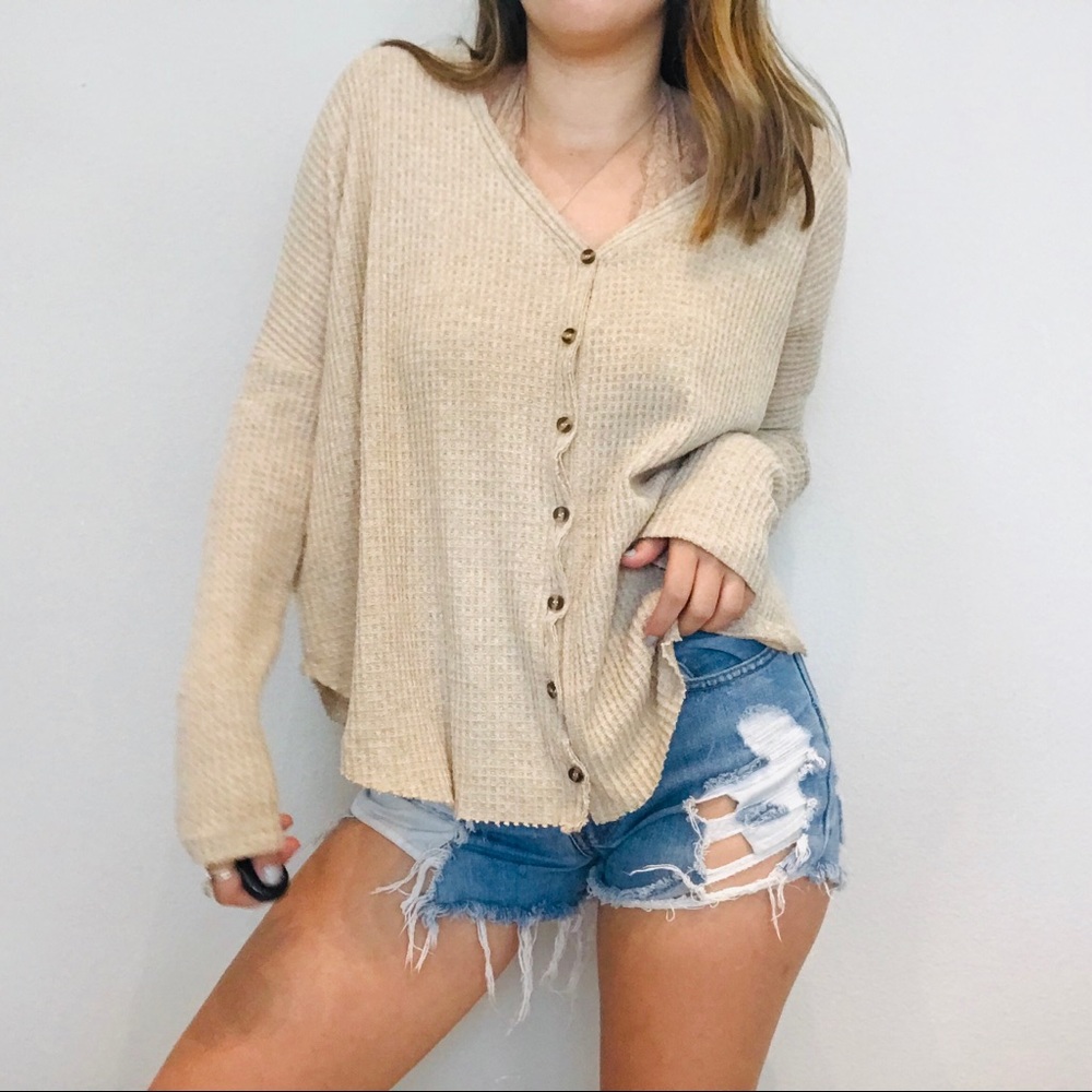 UO tan waffle knit button oversized thermal - Picture 2 of 7